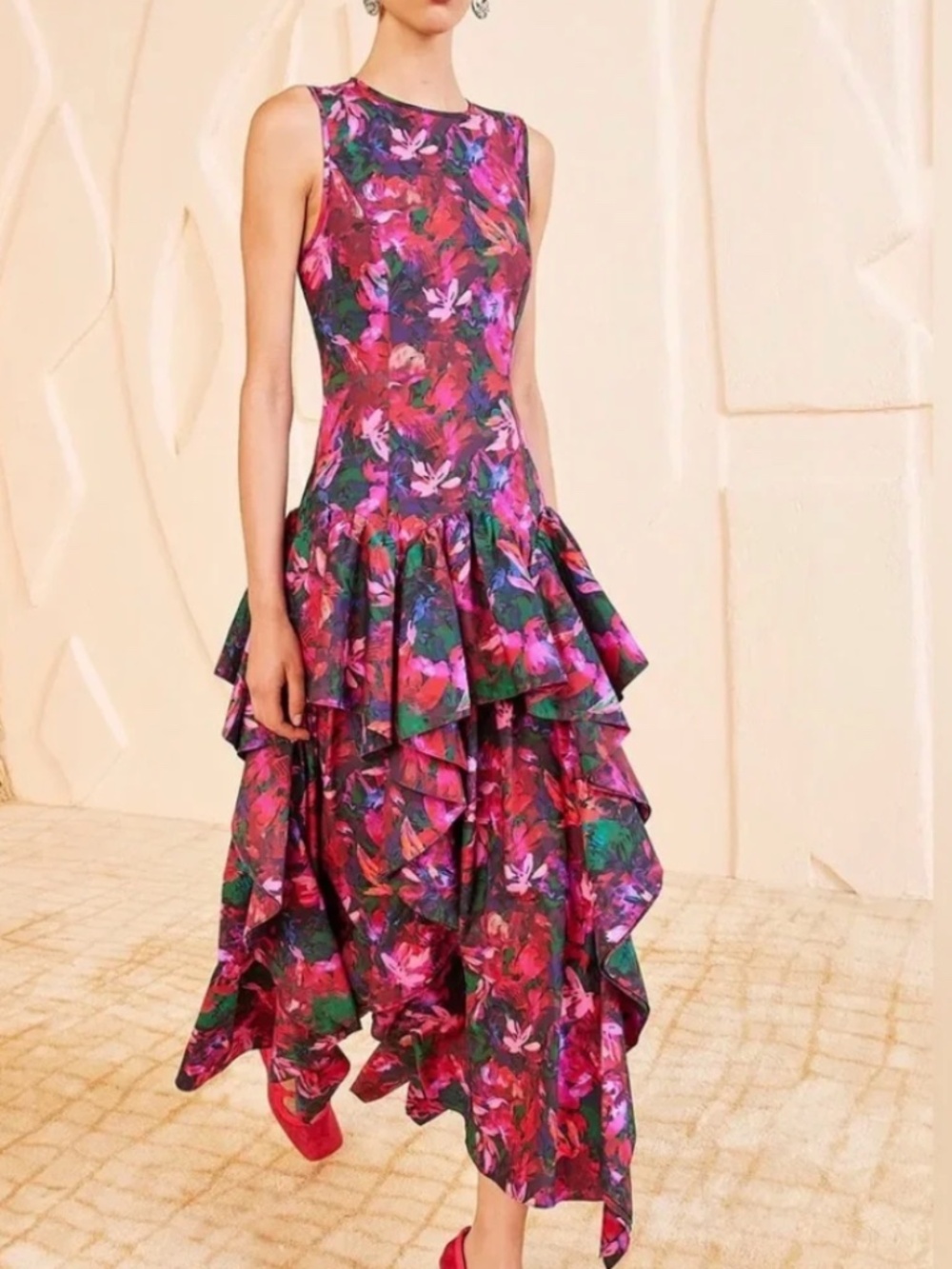 Ulla Johnson Mural Floral Tiered Ruffle Midi Dress Hibiscus Magenta - Size 0